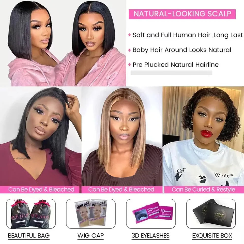 Malaysian Straight Bob Wig – 13x4 Frontal, Pre-Bleached Knots, 4x4 Closure